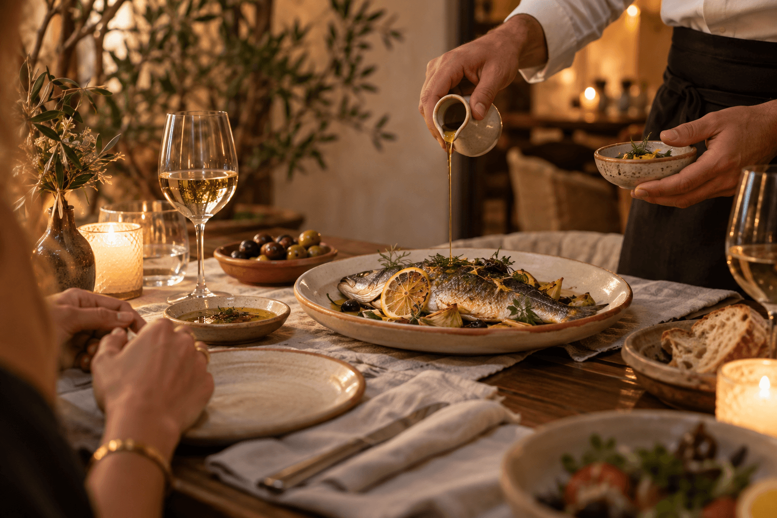 Server finishing a Mediterranean sea bass dish with lemon olive oil at the table