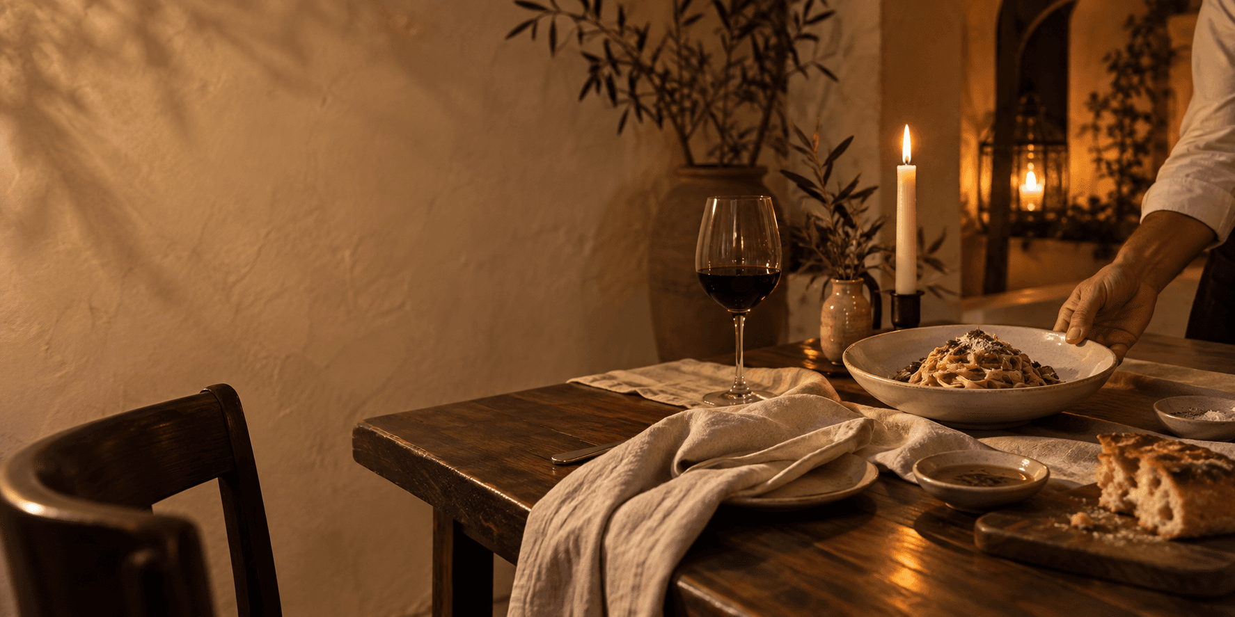 Handmade pasta, focaccia, olive oil, and candlelight set for dinner at Mediterra
