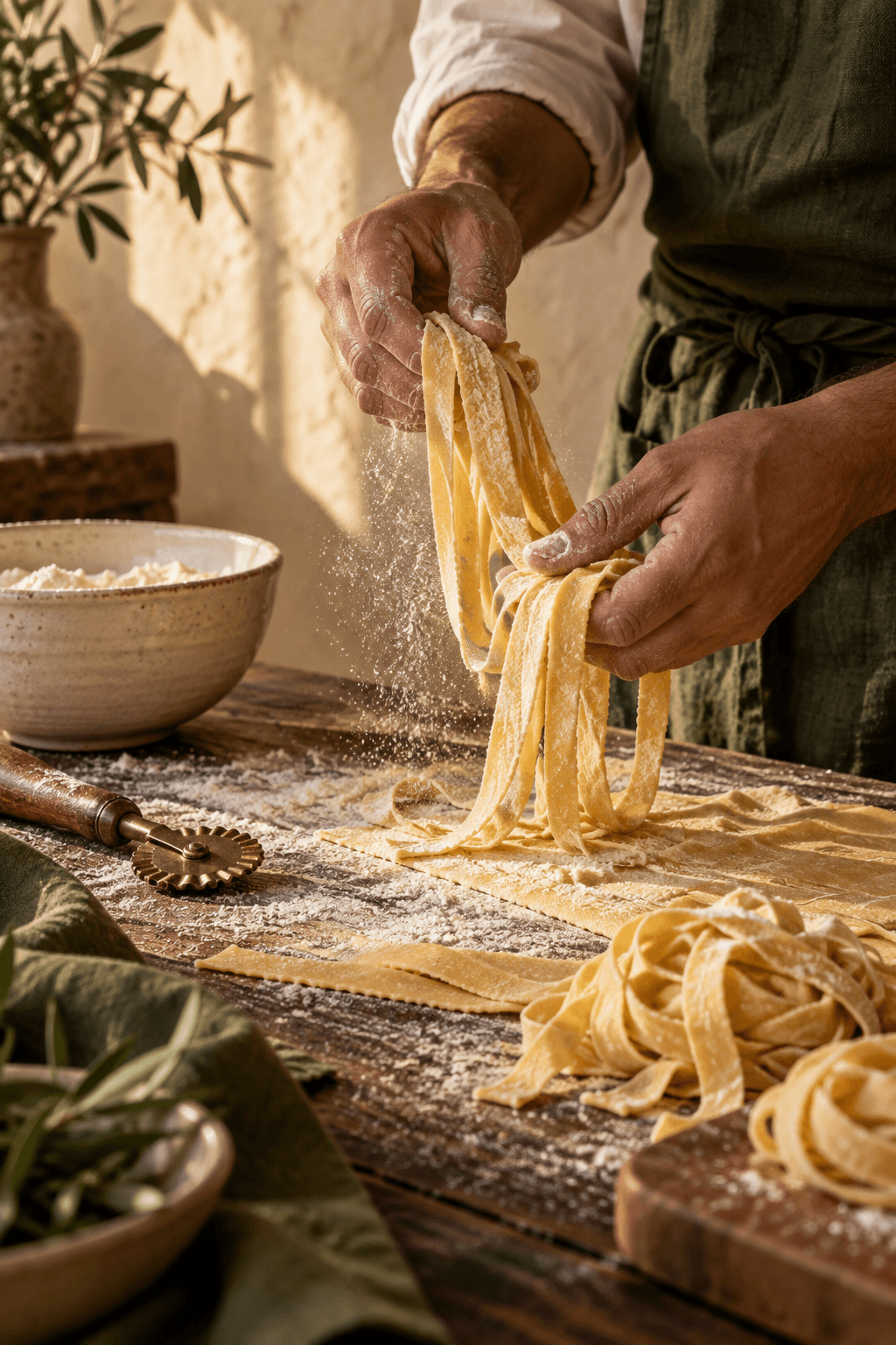 Chef shaping fresh tagliatelle by hand on a floured wooden table