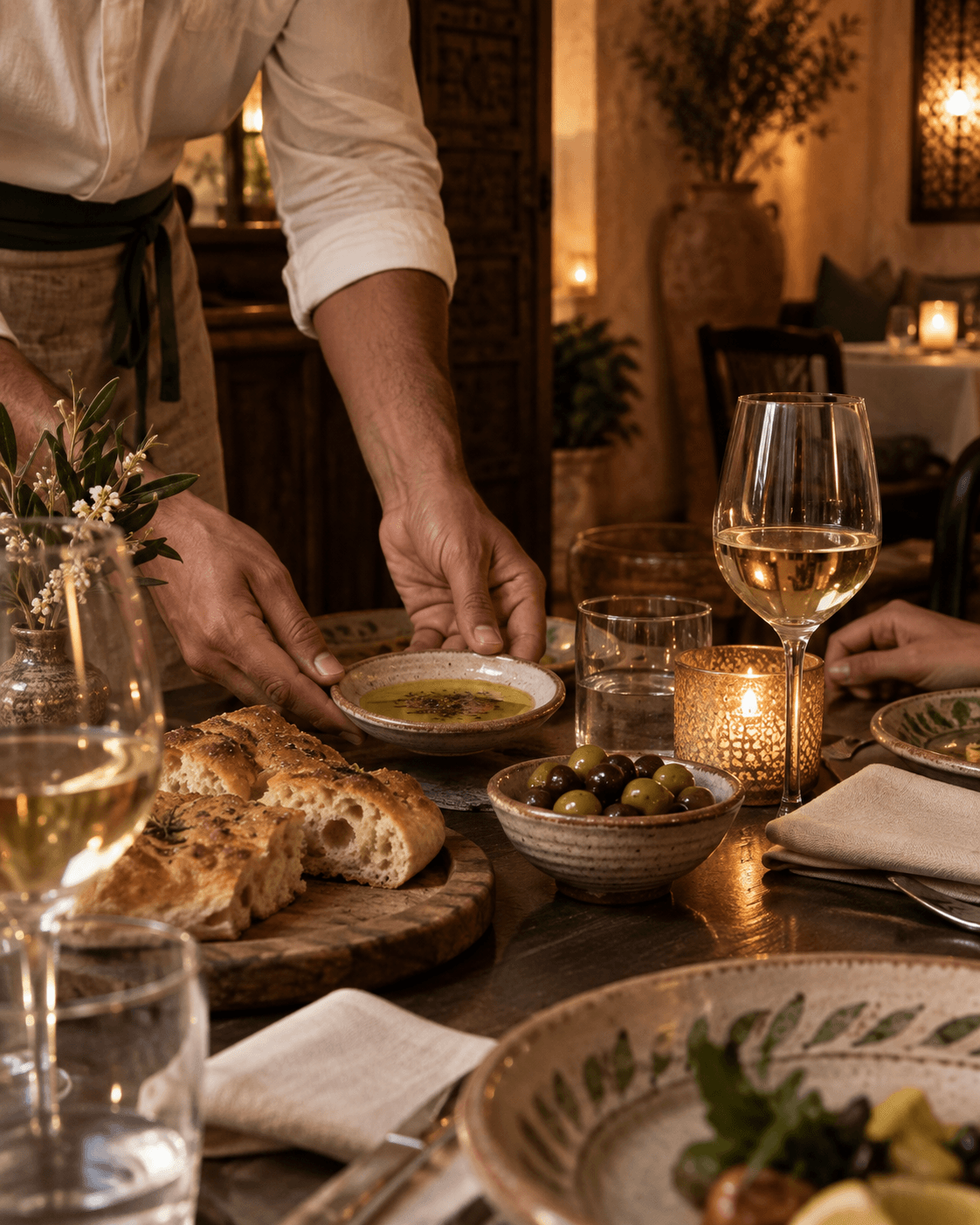 A host placing olive oil and focaccia on a candlelit table