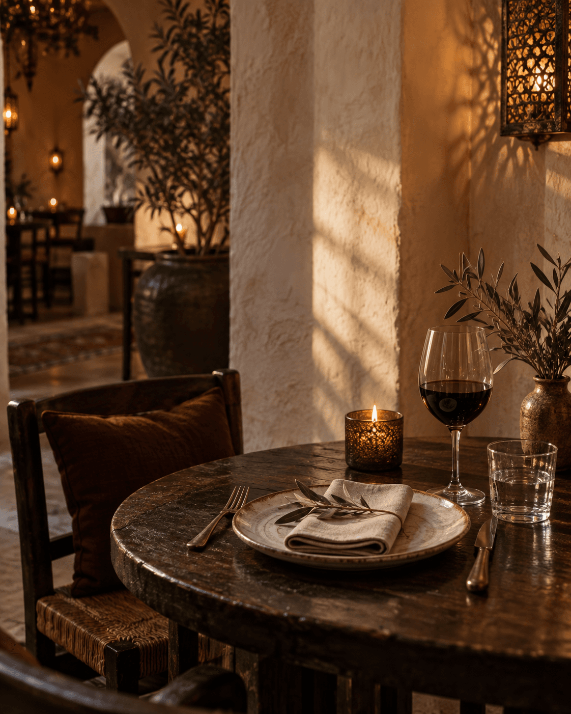 A quiet candlelit table with linen and an olive branch