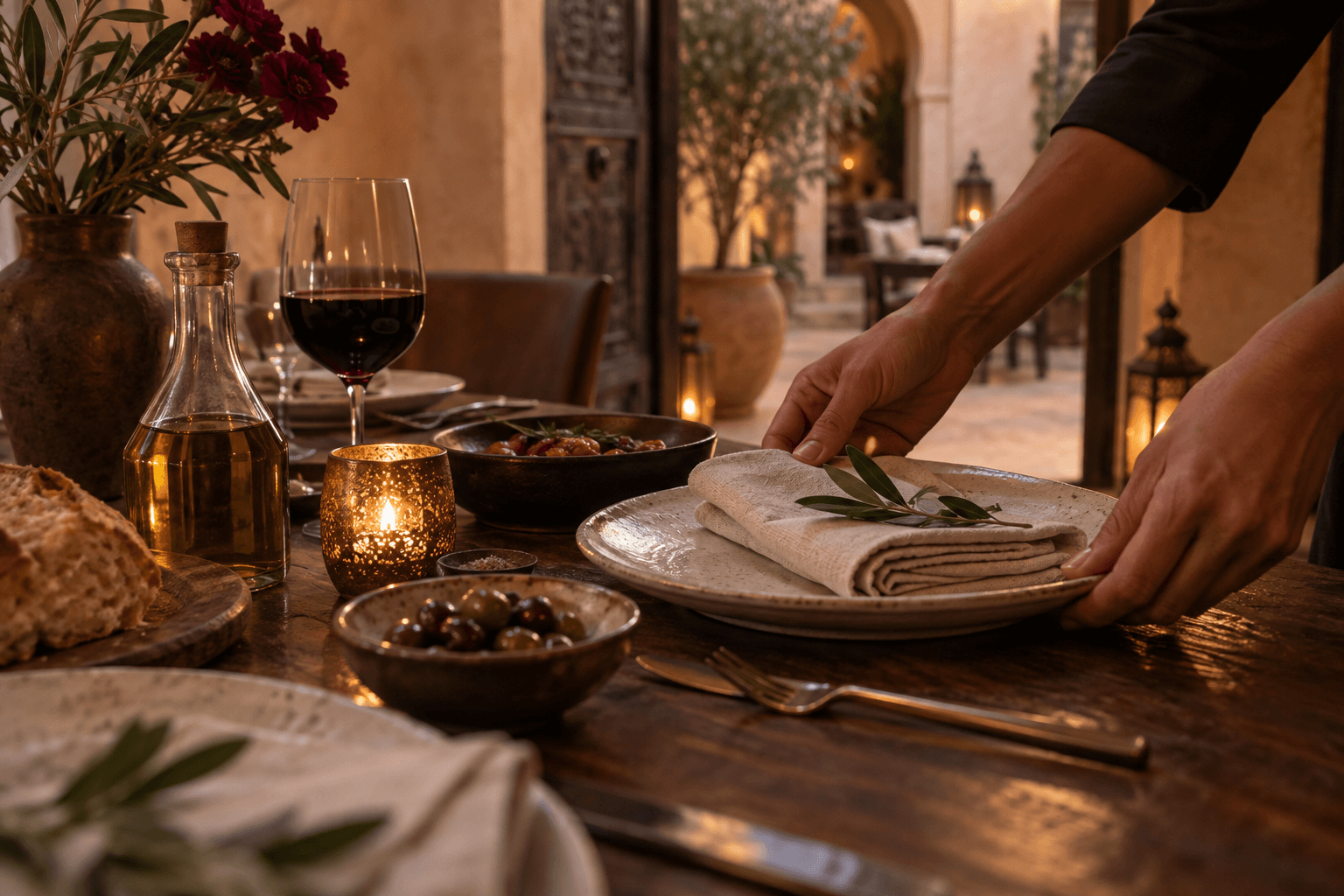 A host carefully sets a candlelit table with linen and handmade ceramics