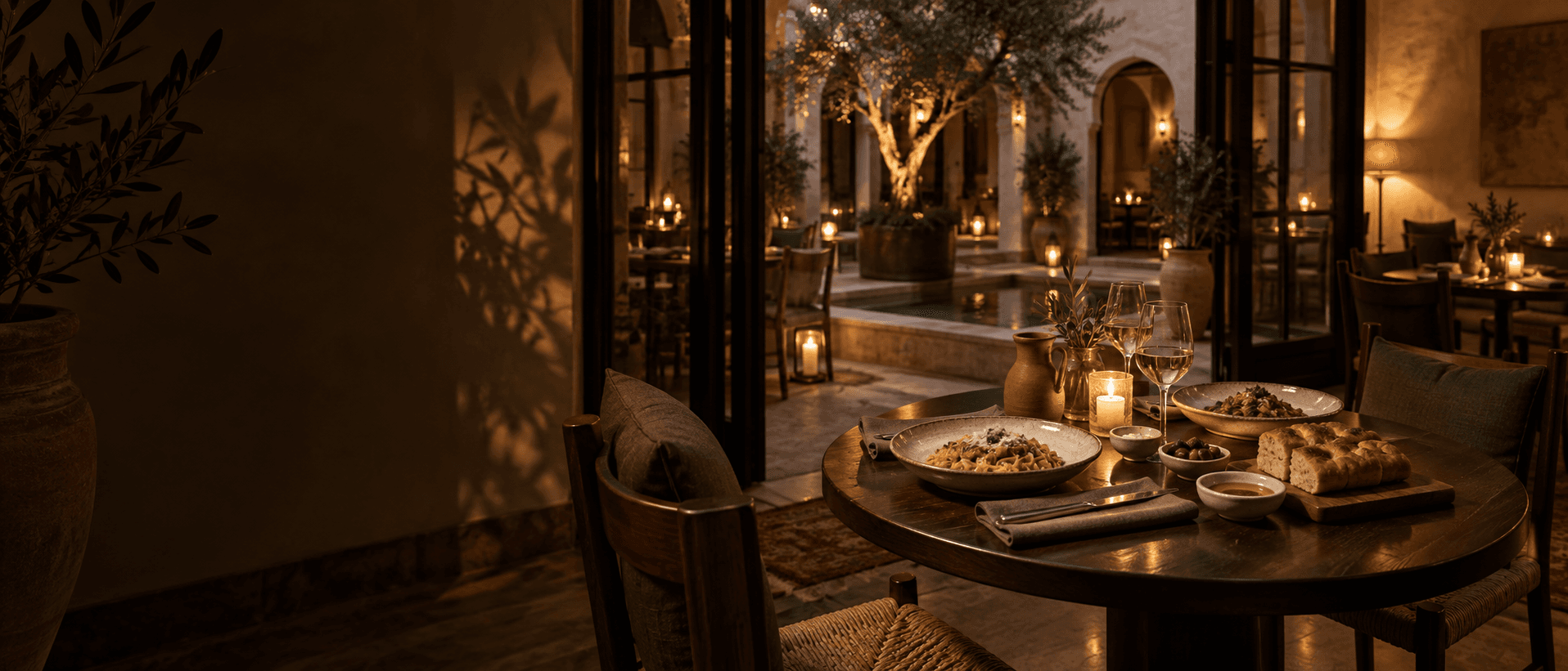 Candlelit table overlooking Mediterra's warm courtyard