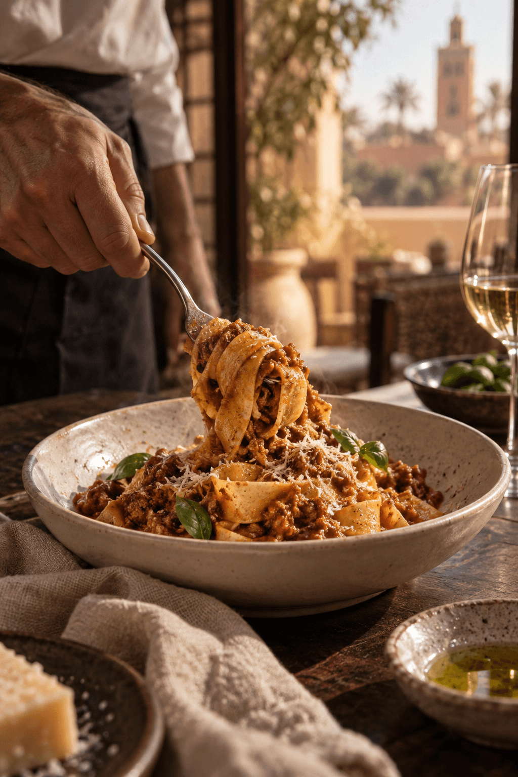 Hand-cut pappardelle finished at the table