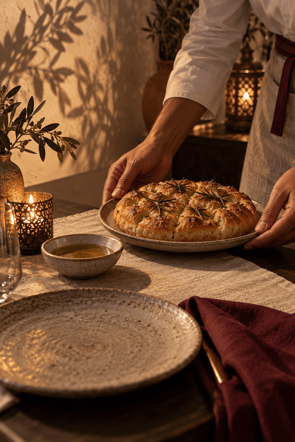 Fresh rosemary focaccia welcomed to the table with olive oil
