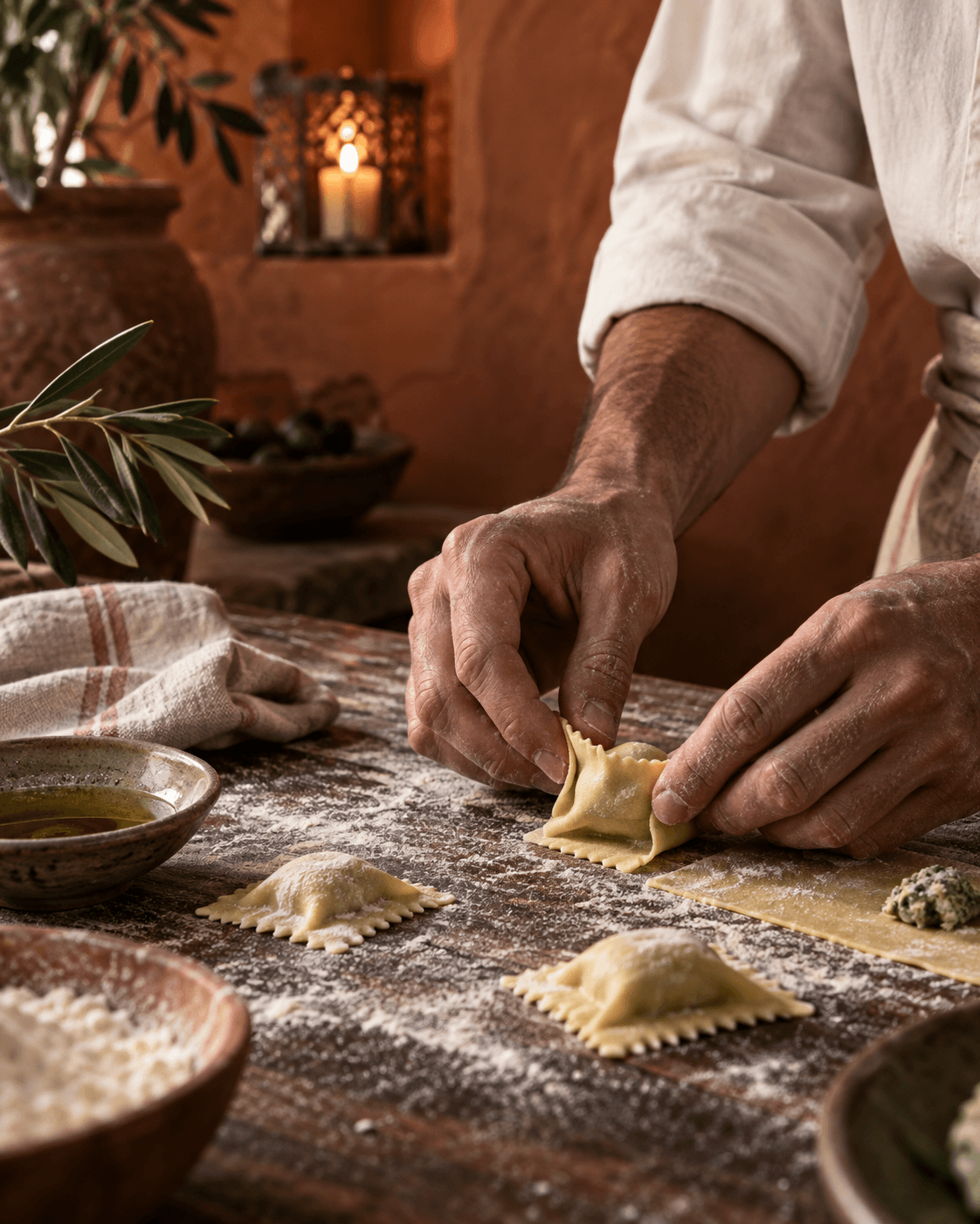 Chef's hands preparing fresh pasta on a flour-dusted table