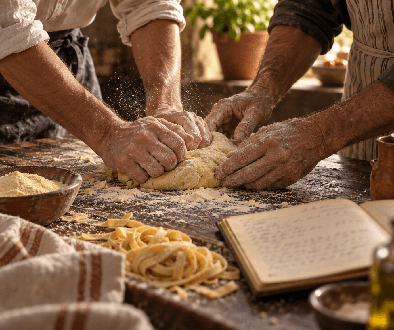 Two pairs of hands working fresh pasta dough together on a flour-dusted wooden table
