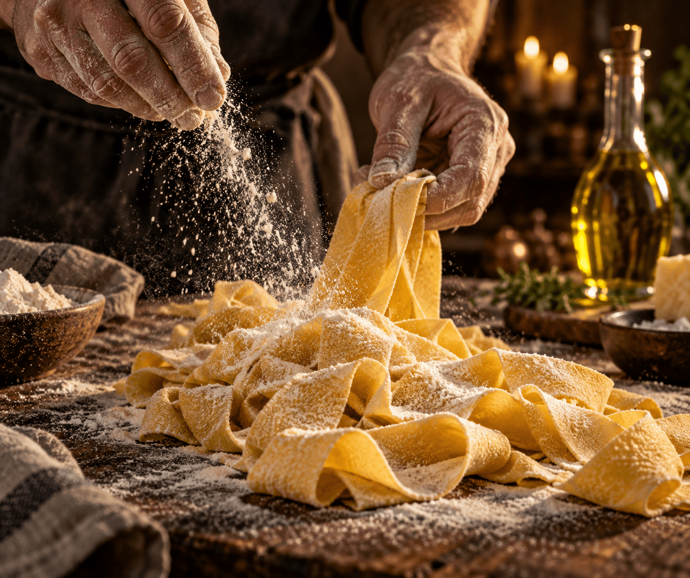 Chef's hands dusting flour over fresh handmade pappardelle beside golden olive oil