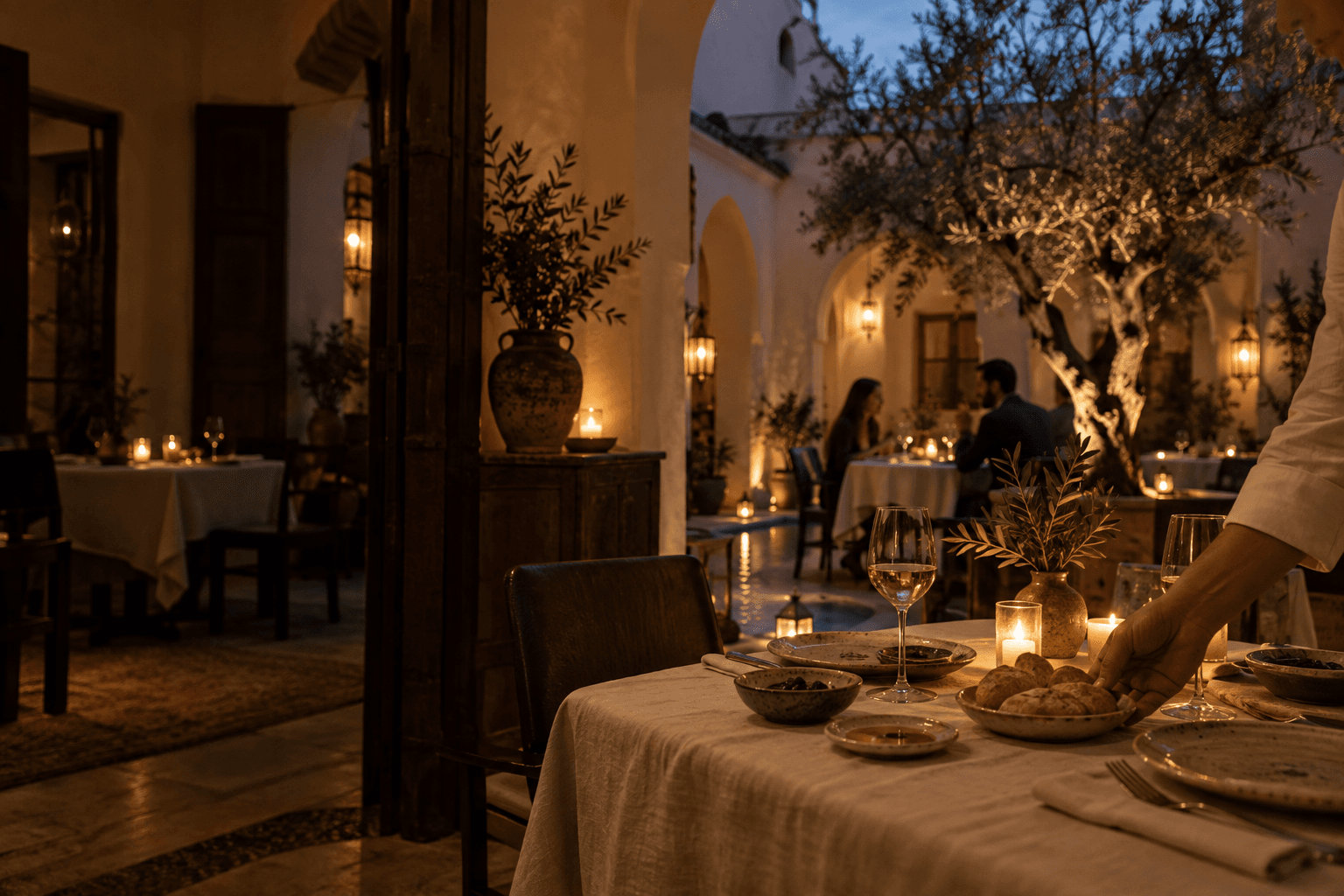 A host welcomes guests with bread in a candlelit Marrakech courtyard dining room