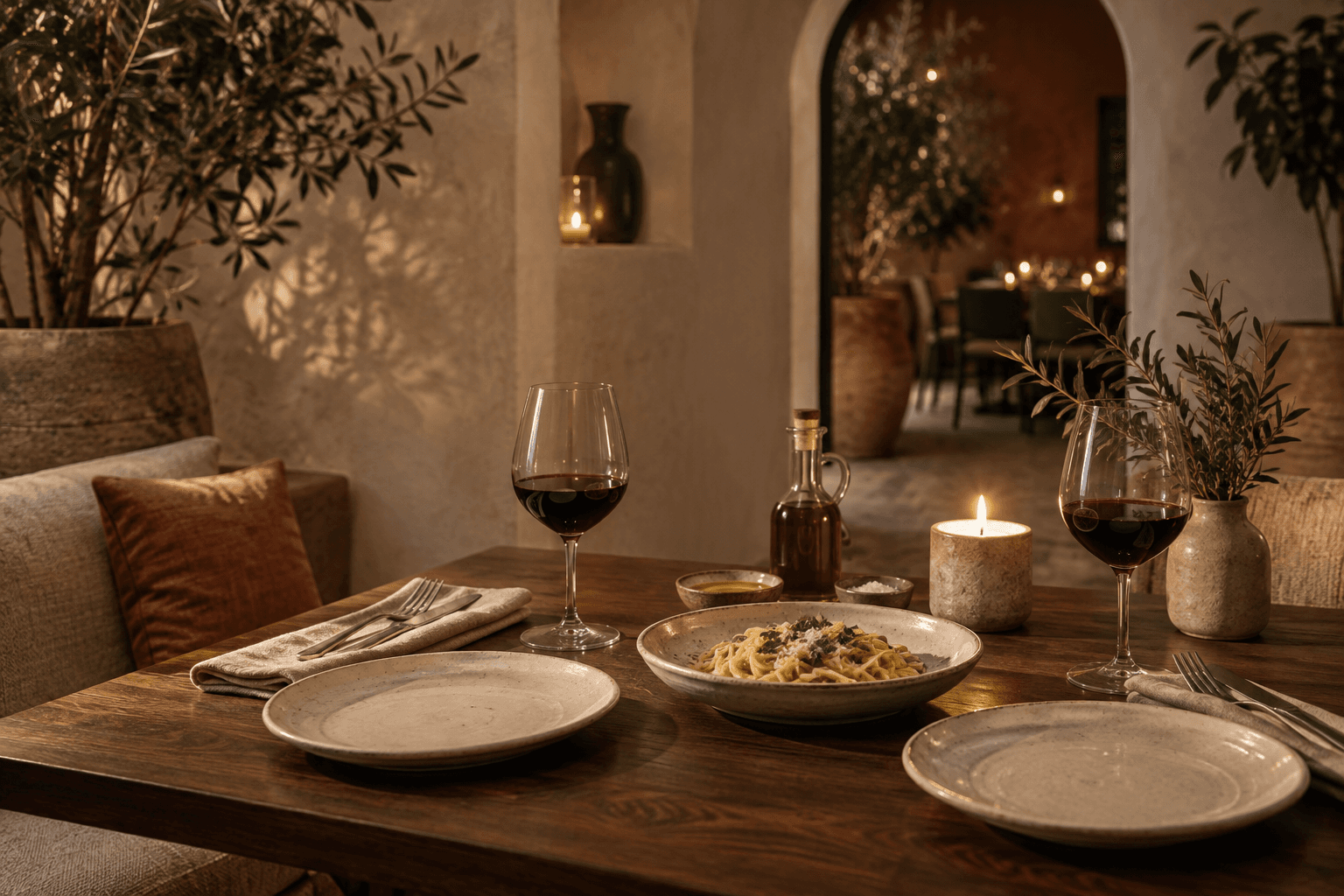 An intimate table set with handmade pasta, linen, olive oil and candlelight