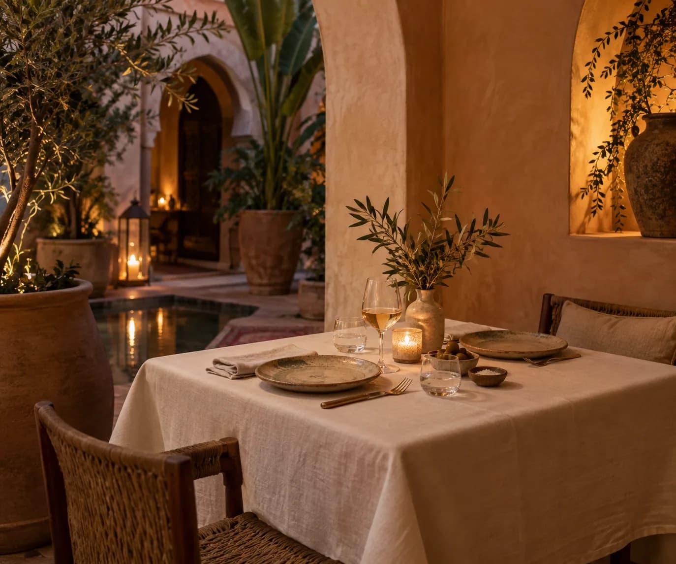 A quiet table beside a plaster arch, set with linen, candlelight, and wine