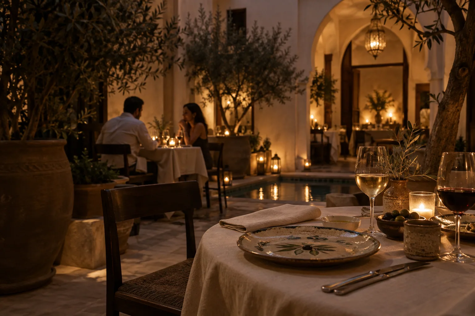 Candlelit linen table and guests in a warm Marrakech riad courtyard