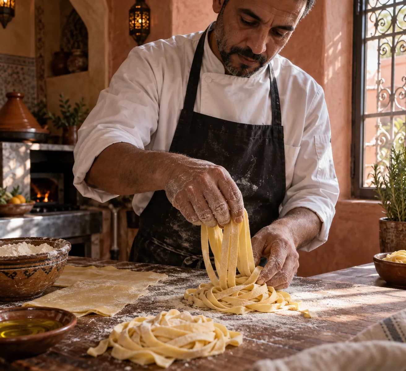 Chef gathering fresh handmade tagliatelle on a flour-dusted worktable