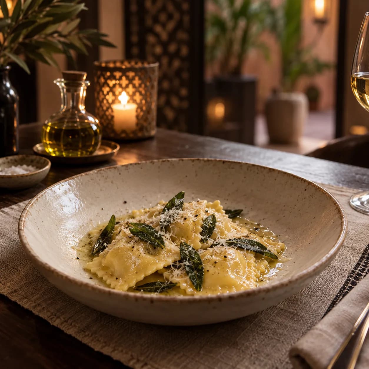Handmade ravioli with sage and Parmesan in a ceramic bowl