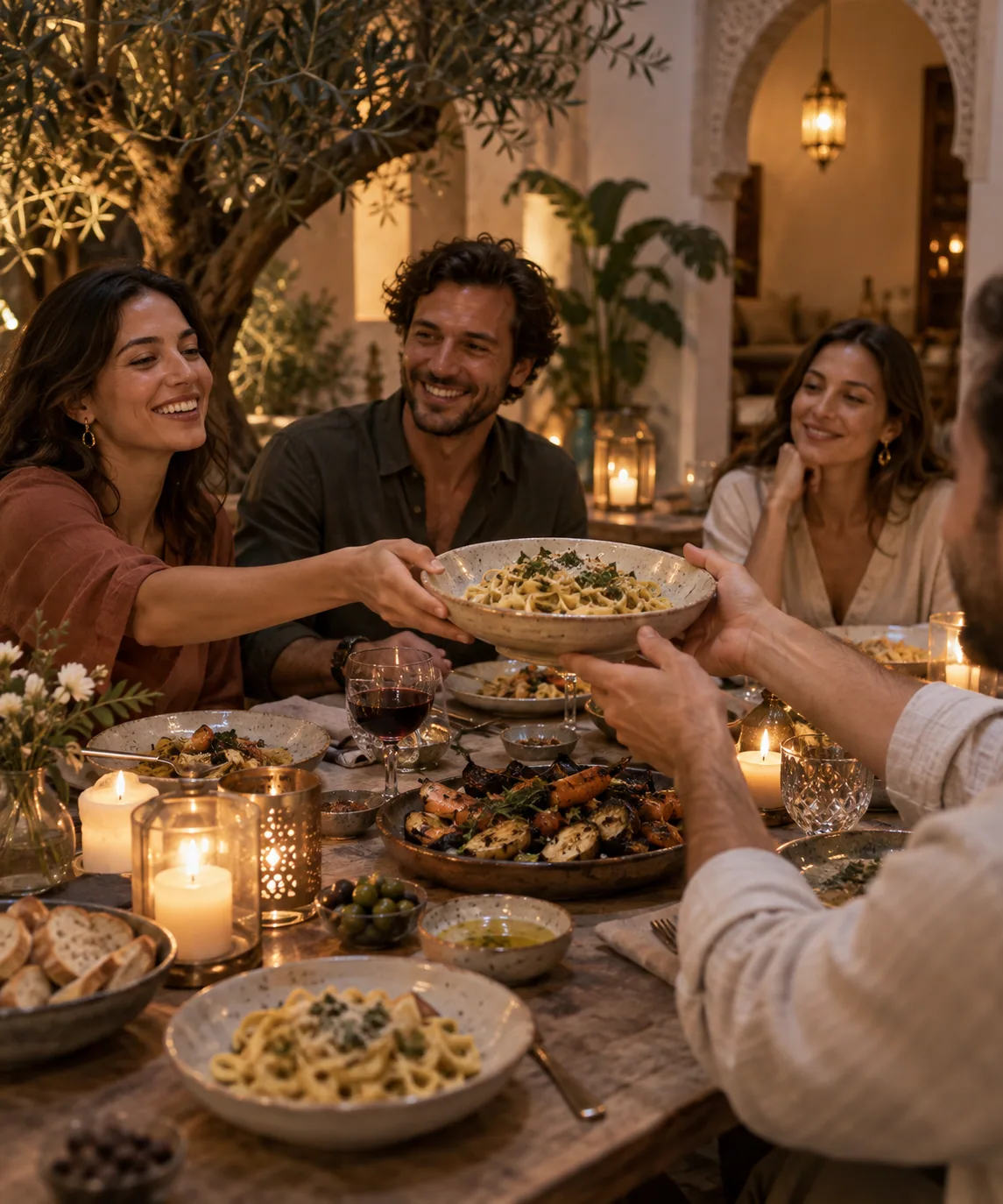 Friends passing handmade pasta around a candlelit courtyard table