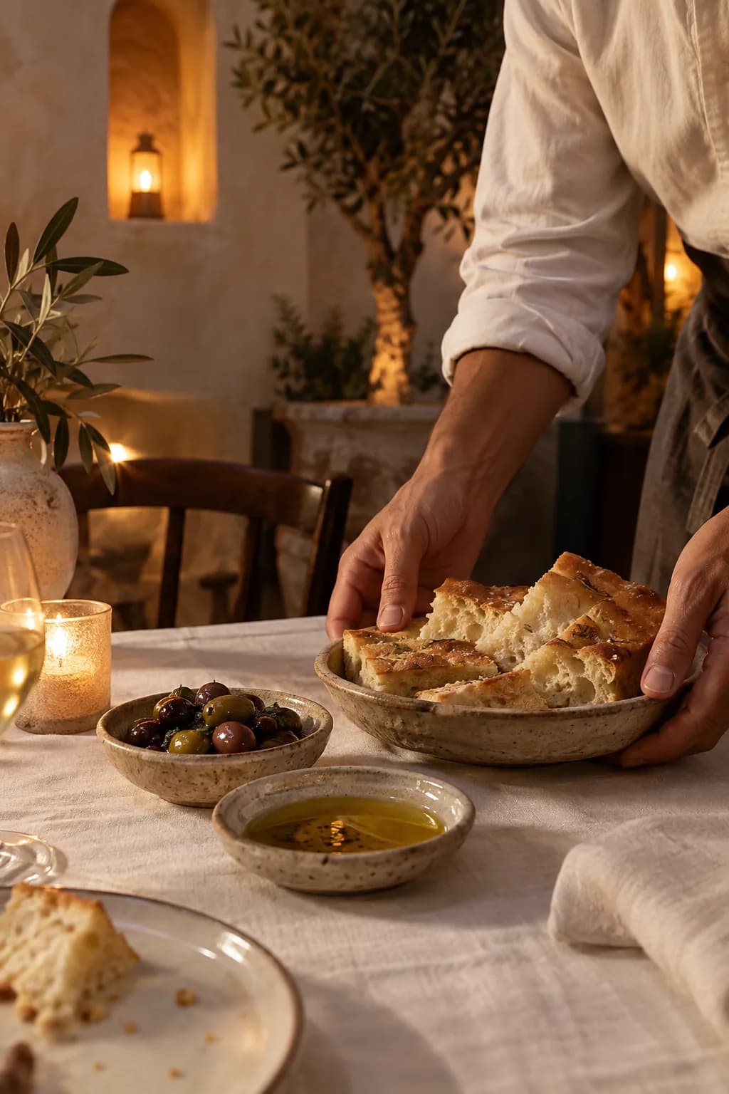 A host serving warm focaccia, olives, and olive oil at the table
